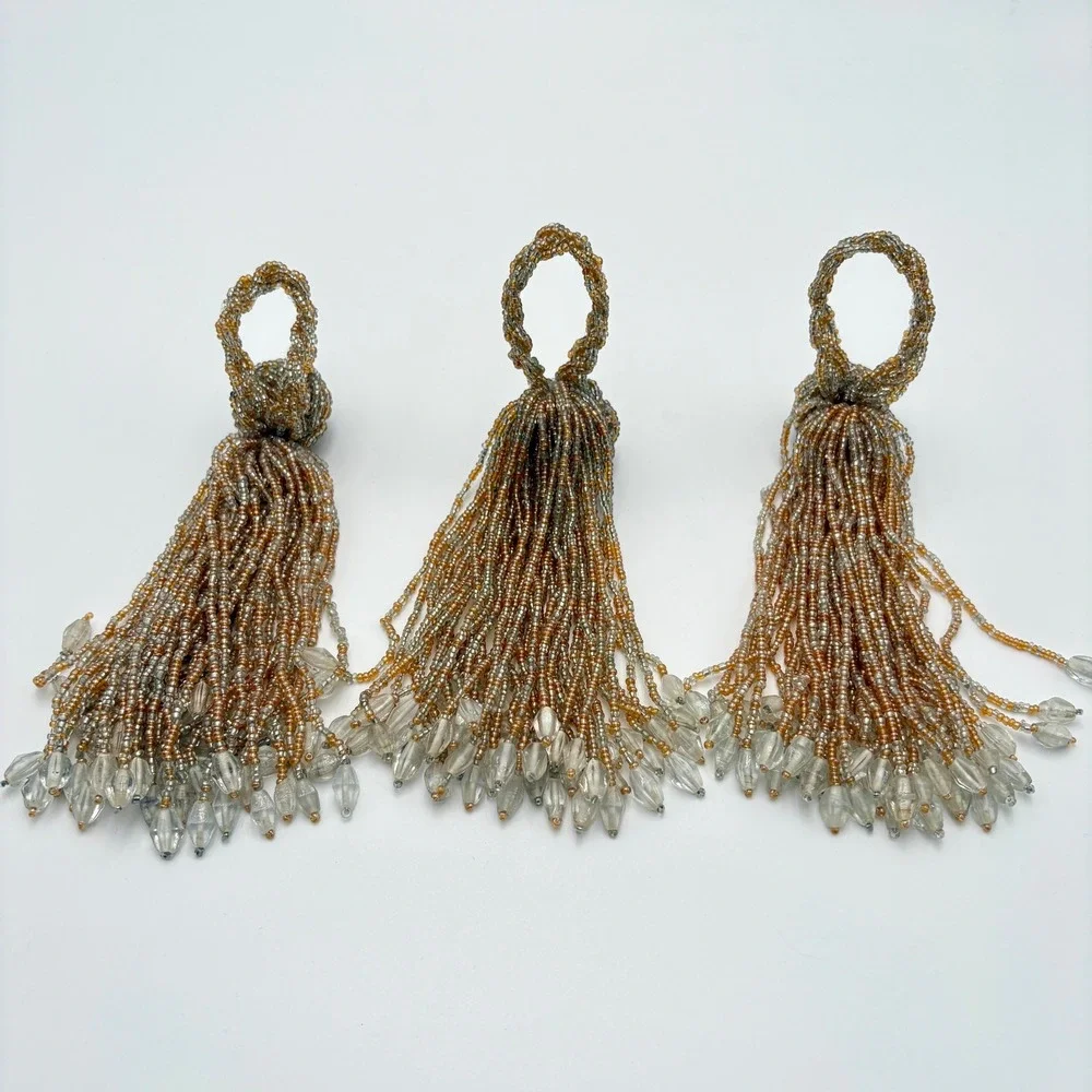 Set of 3 Beaded Tassel Napkin Rings Tie Backs Vintage Gold Silver Boho Decor